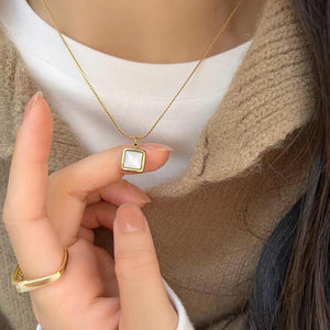 Square White Shell Pendant Necklace – Minimalist 18K Gold Plated Necklace, Elegant Everyday Jewelry