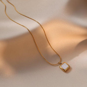 Square White Shell Pendant Necklace – Minimalist 18K Gold Plated Necklace, Elegant Everyday Jewelry