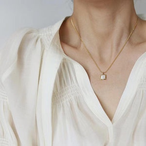 Square White Shell Pendant Necklace – Minimalist 18K Gold Plated Necklace, Elegant Everyday Jewelry