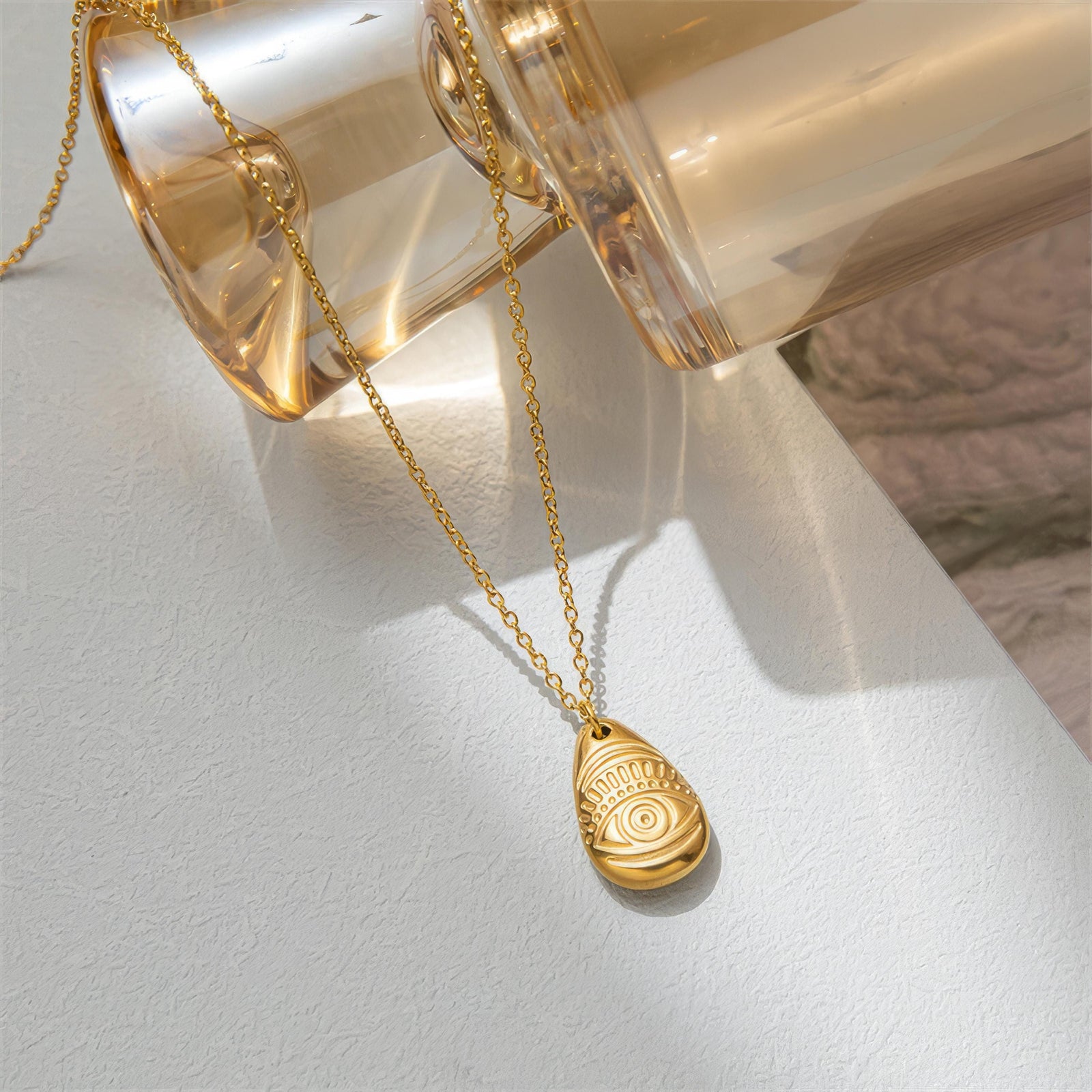 18K Gold Plated Evil Eye Protection Necklace – Unique Teardrop Pendant with Mystical Engraving