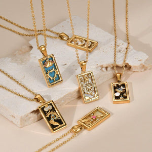 The Lovers Tarot Card Necklace: 18K Gold Plated Pendant, Mother of Pearl & Crystal