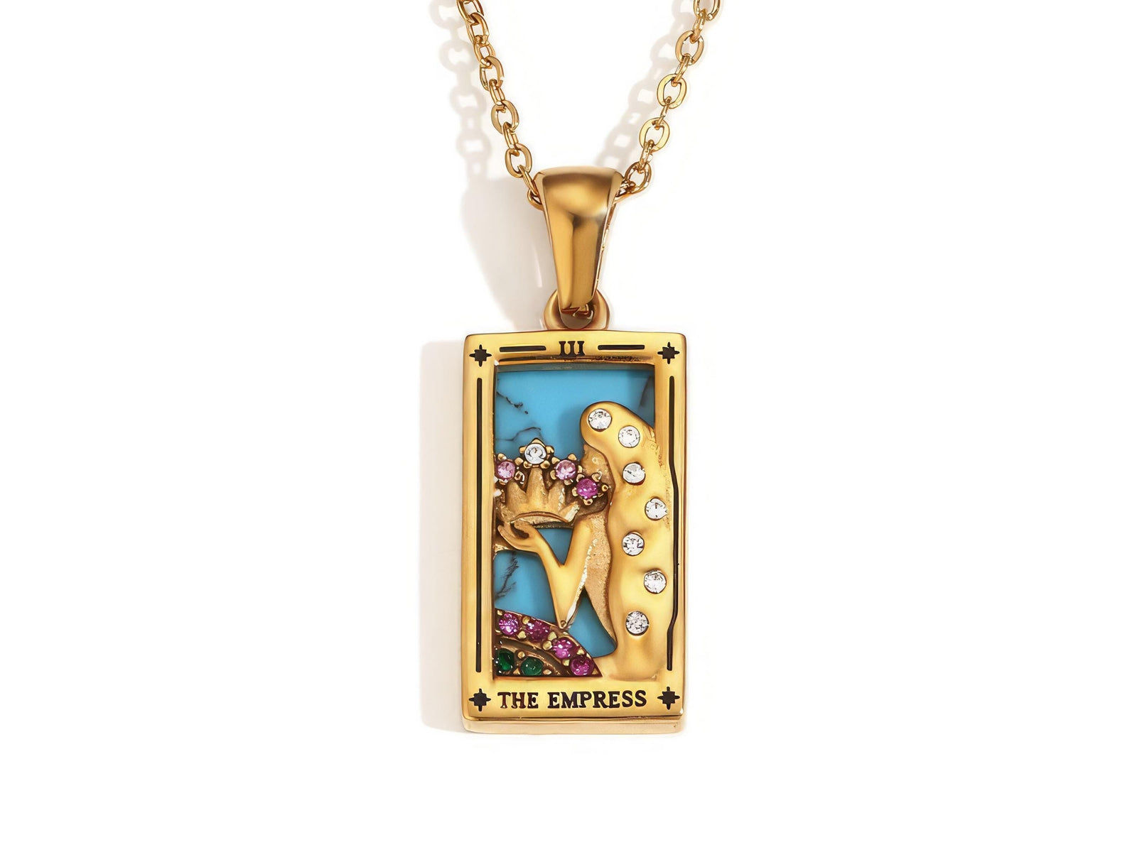 The Empress Tarot Card Necklace: 18K Gold Enamel Pendant with Crystals