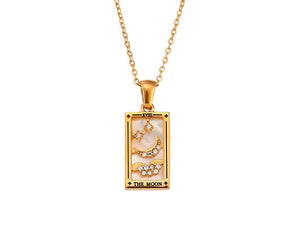 The Moon Tarot Card Necklace: 18K Gold Pendant, Mother of Pearl & Crystal