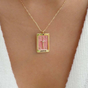 18K Gold-Plated Tarot Card Pendant Necklace - Strength, Justice, and Empress Charms for Women