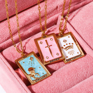 18K Gold-Plated Tarot Card Pendant Necklace - Strength, Justice, and Empress Charms for Women