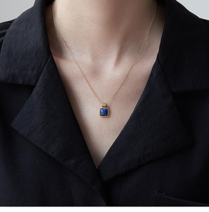 Lapis Lazuli Square Pendant Necklace: 18K Gold Plated Chain