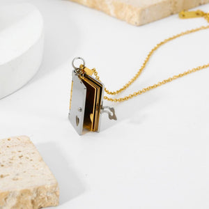 Mini Book Pendant Necklace: 18K Gold Plated Stainless Steel Literary Charm