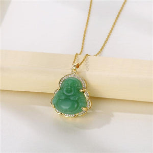 Jade Buddha Pendant Necklace: 18K Gold Plated Lucky Charm