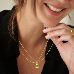 Tiger Eye & Pink Jade Necklace Set: Gold-Plated Layered Gemstone Pendants