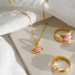 Tiger Eye & Pink Jade Necklace Set: Gold-Plated Layered Gemstone Pendants