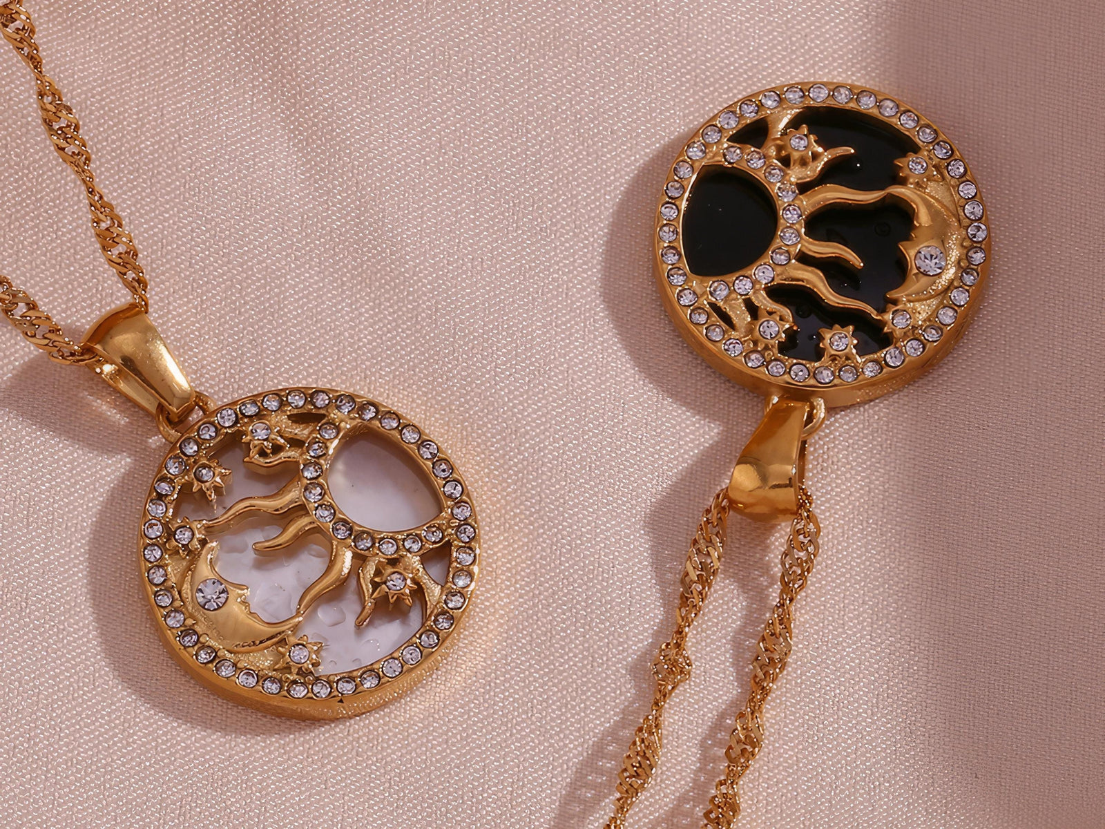 18K Gold Sun and Moon Necklace: Zircon Crystal Celestial Charm