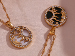 18K Gold Sun and Moon Necklace: Zircon Crystal Celestial Charm