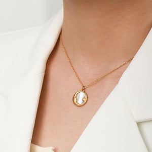 18K Gold Plated Crescent Moon & Sunburst Necklace with Natural Mother-of-Pearl Pendant