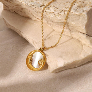 18K Gold Plated Crescent Moon & Sunburst Necklace with Natural Mother-of-Pearl Pendant