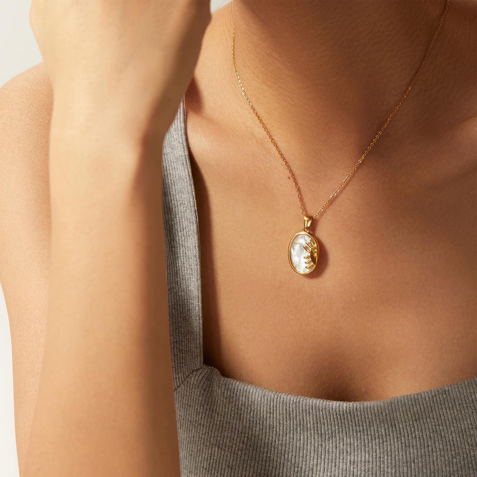 18K Gold Oval Mother of Pearl Sunburst Pendant Necklace - Stainless Steel Jewelry