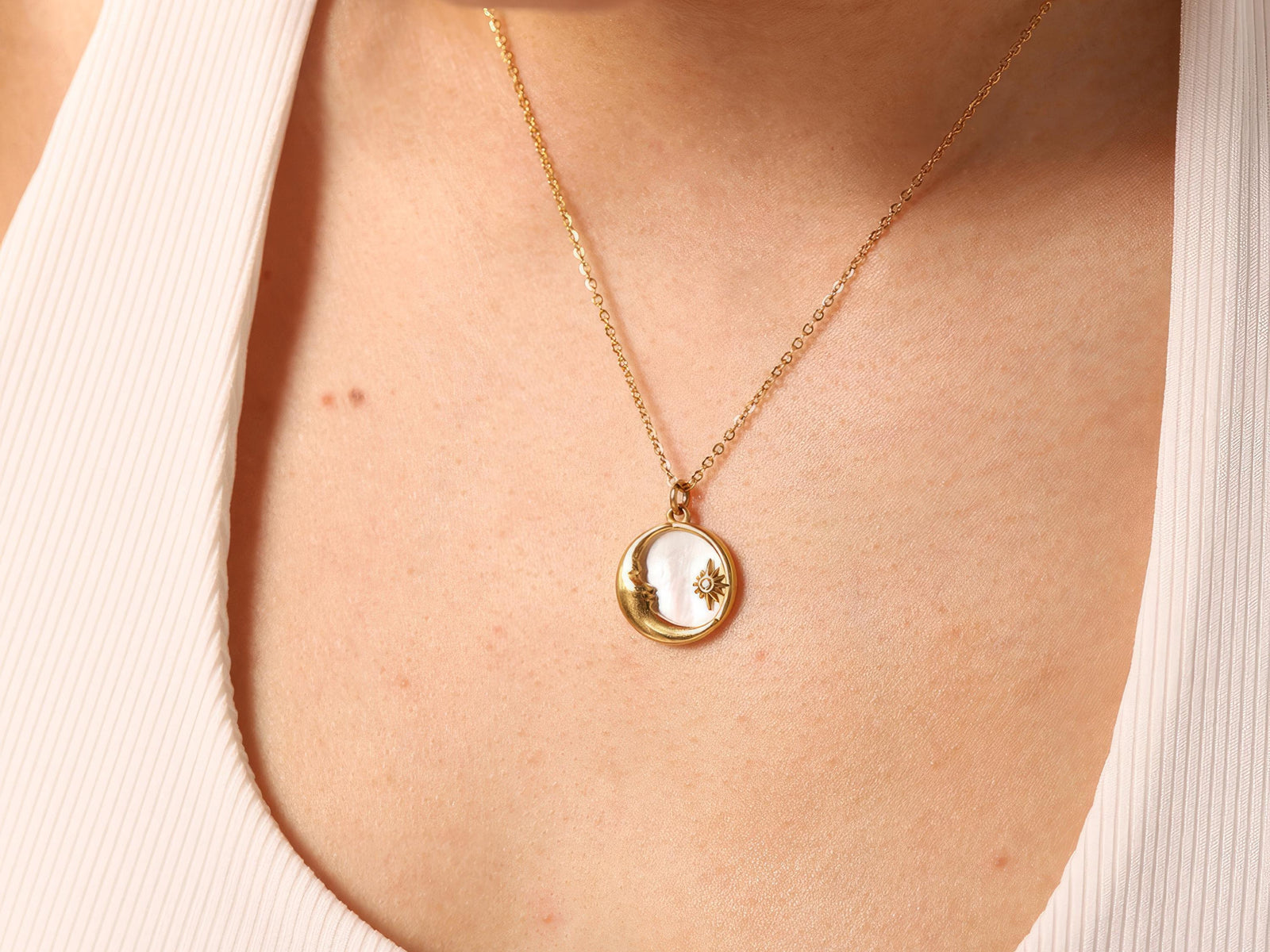 18K Gold Plated Crescent Moon & Sunburst Necklace with Natural Mother-of-Pearl Pendant