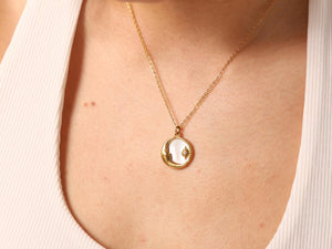 18K Gold Plated Crescent Moon & Sunburst Necklace with Natural Mother-of-Pearl Pendant