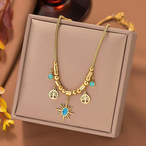 Turquoise Sun Necklace: 18K Gold Plated Stainless Steel Boho Tree of Life Pendant