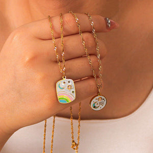 Sun, Moon, and Rainbow Gold Pendant Necklaces – Celestial Enamel Charm Jewelry