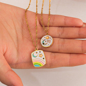 Sun, Moon, and Rainbow Gold Pendant Necklaces – Celestial Enamel Charm Jewelry