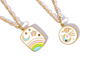 Sun, Moon, and Rainbow Gold Pendant Necklaces – Celestial Enamel Charm Jewelry