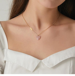 Natural Rose Quartz Heart Pendant Necklace – Minimalist Titanium Steel 18K Gold-Plated Chain Jewelry
