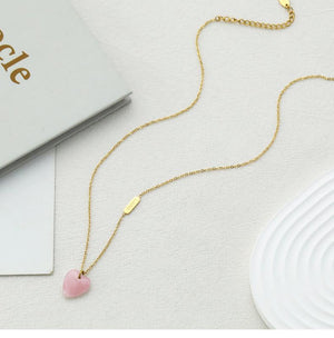 Natural Rose Quartz Heart Pendant Necklace – Minimalist Titanium Steel 18K Gold-Plated Chain Jewelry