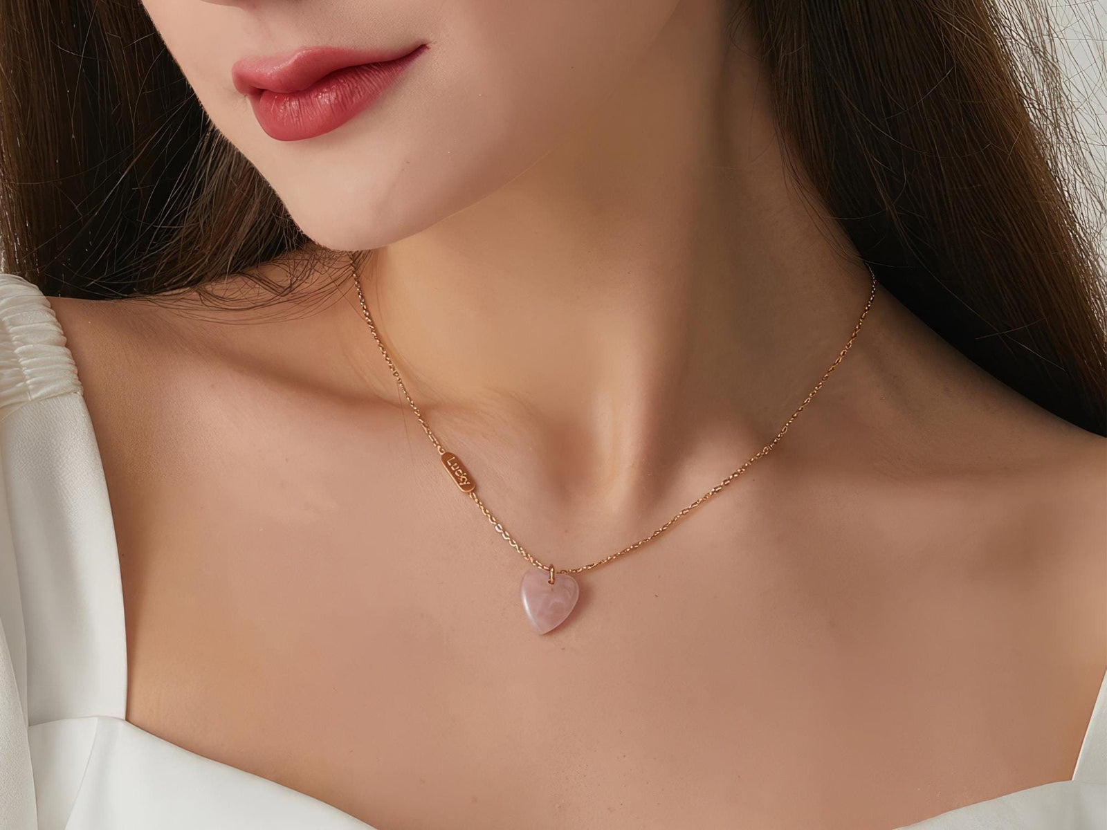 Natural Rose Quartz Heart Pendant Necklace – Minimalist Titanium Steel 18K Gold-Plated Chain Jewelry