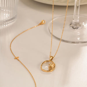 18K Gold Oval Mother of Pearl Sunburst Pendant Necklace - Stainless Steel Jewelry