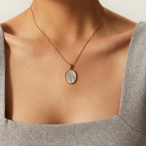 18K Gold Oval Mother of Pearl Sunburst Pendant Necklace - Stainless Steel Jewelry