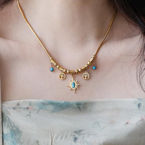 Turquoise Sun Necklace: 18K Gold Plated Stainless Steel Boho Tree of Life Pendant