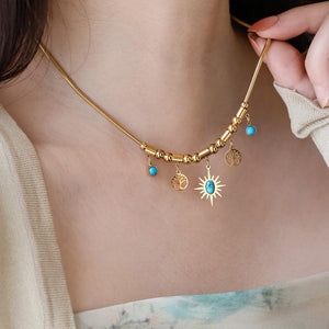 Turquoise Sun Necklace: 18K Gold Plated Stainless Steel Boho Tree of Life Pendant
