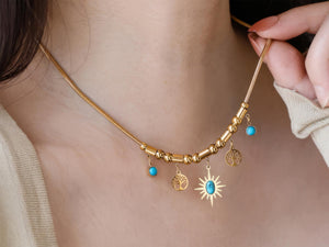 Turquoise Sun Necklace: 18K Gold Plated Stainless Steel Boho Tree of Life Pendant