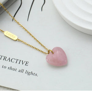 Natural Rose Quartz Heart Pendant Necklace – Minimalist Titanium Steel 18K Gold-Plated Chain Jewelry