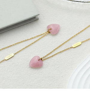 Natural Rose Quartz Heart Pendant Necklace – Minimalist Titanium Steel 18K Gold-Plated Chain Jewelry