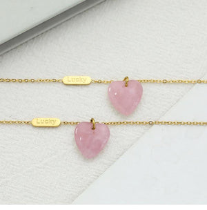 Natural Rose Quartz Heart Pendant Necklace – Minimalist Titanium Steel 18K Gold-Plated Chain Jewelry