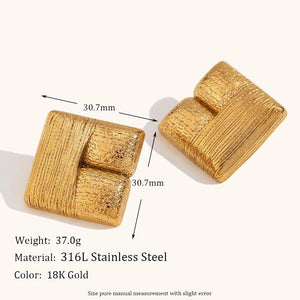 18K Gold Plated Square Earrings: Geometric Textured Stainless Steel Studs