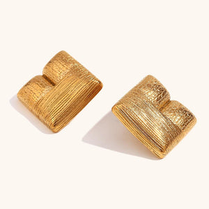 18K Gold Plated Square Earrings: Geometric Textured Stainless Steel Studs