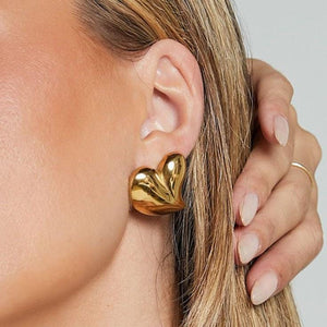 Sculptural Heart Earrings | 18K Gold Plated Retro Statement Studs | Bold Artistic Jewelry for Women