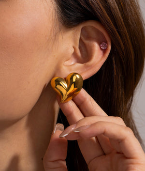 Sculptural Heart Earrings | 18K Gold Plated Retro Statement Studs | Bold Artistic Jewelry for Women