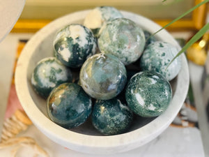 Moss Agate Sphere: Natural Crystal Ball, Calming Home Decor