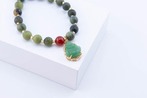 Green Jade Buddha Bracelet: Gold Charm, Healing Stone Jewelry