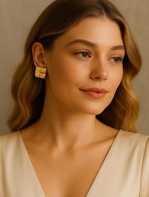 18K Gold Plated Square Earrings: Geometric Textured Stainless Steel Studs