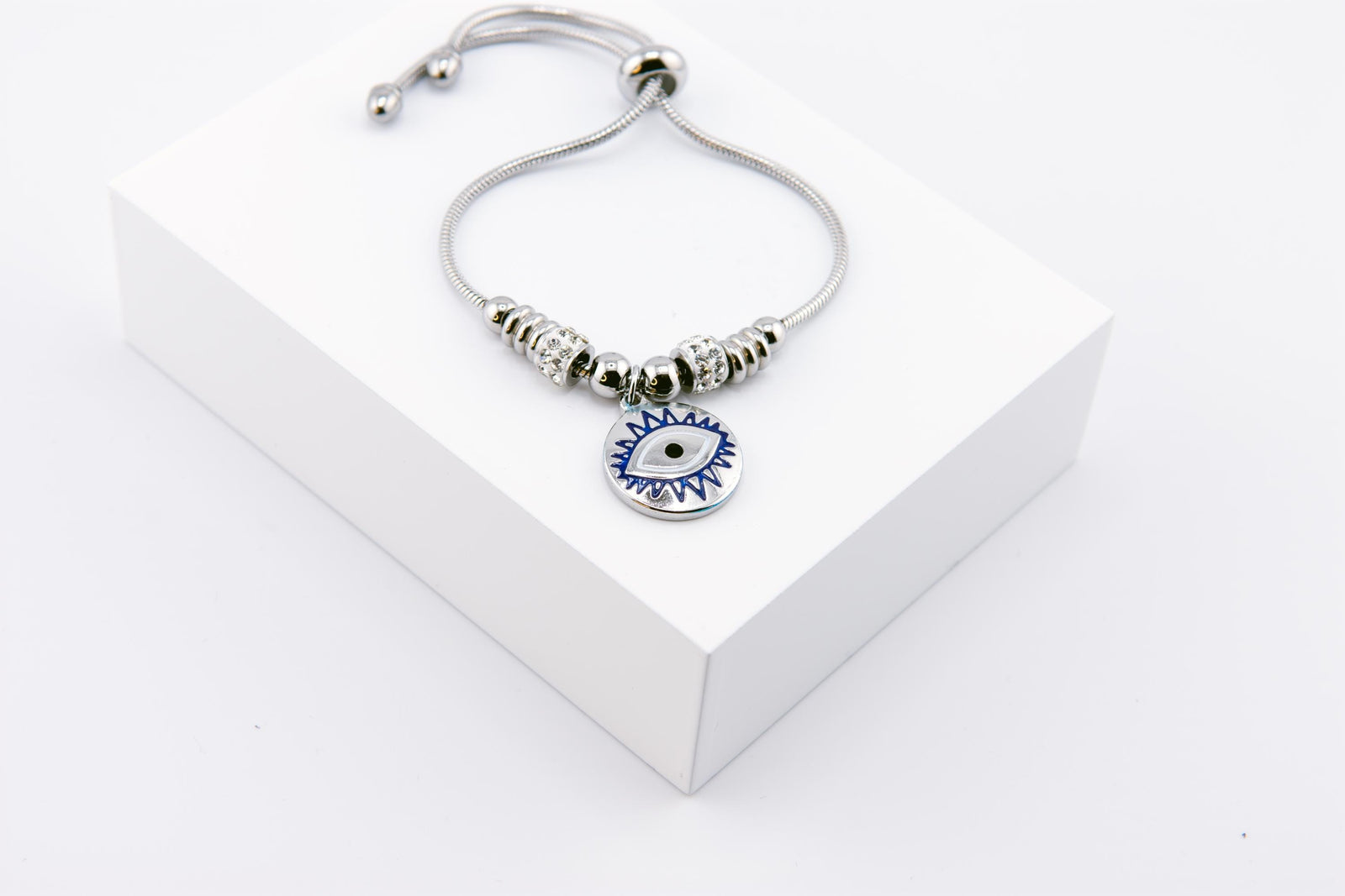 Silver Evil Eye Charm Bracelet: Adjustable Crystal Bracelet