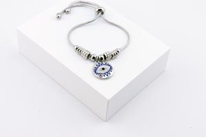 Silver Evil Eye Charm Bracelet: Adjustable Crystal Bracelet