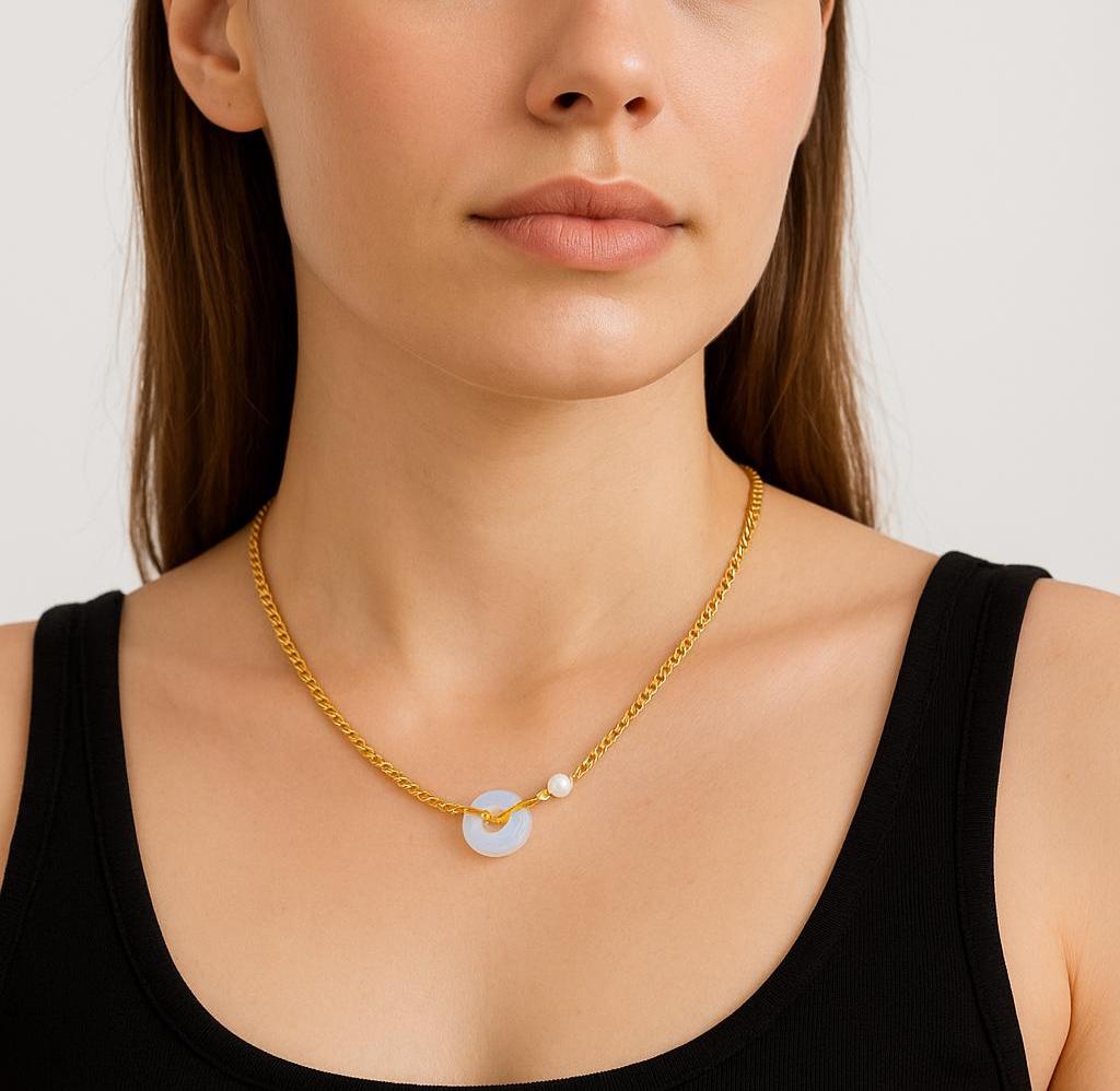 Opalite Donut Necklace: Gold Chain with Faux Pearl