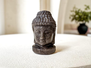 Silver Sheen Obsidian Buddha Head | 5cm Carved Crystal Statue for Protection & Meditation