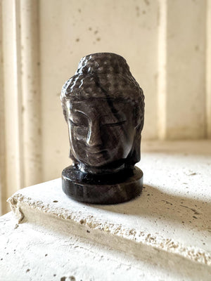 Silver Sheen Obsidian Buddha Head | 5cm Carved Crystal Statue for Protection & Meditation