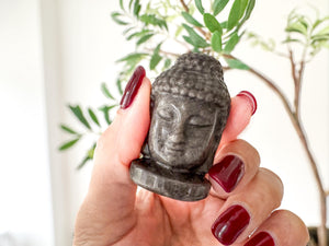 Silver Sheen Obsidian Buddha Head | 5cm Carved Crystal Statue for Protection & Meditation