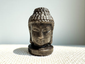 Silver Sheen Obsidian Buddha Head | 5cm Carved Crystal Statue for Protection & Meditation